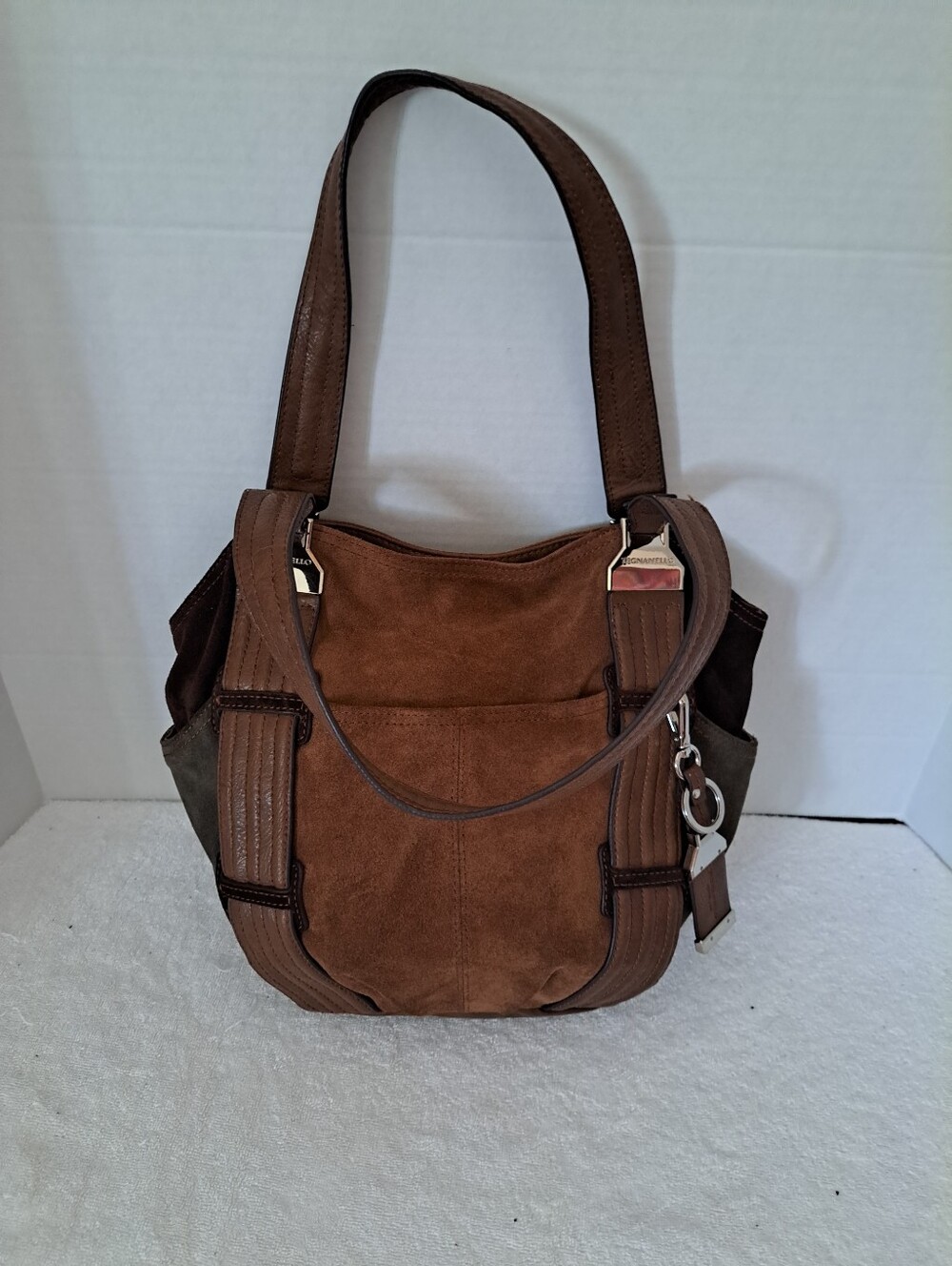 Tignanello Suede Brown Women's Shoulder Bag With Leather Handle